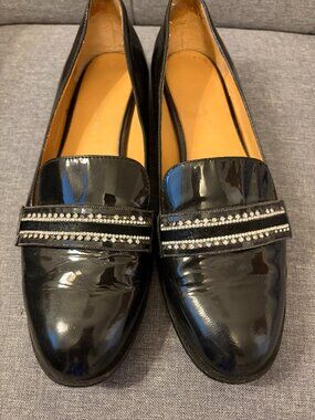 Badgley Mischka Black Patent Loafers Rhinestone Strap Slip On Size 9.5